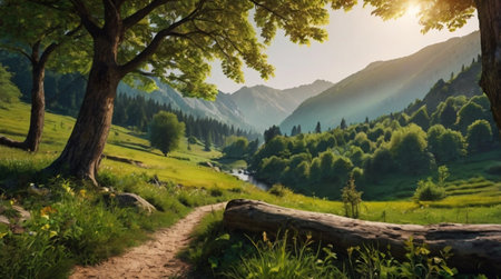 Mountain landscape in the morning light. Panorama of green hills, meadows and forest.の写真素材