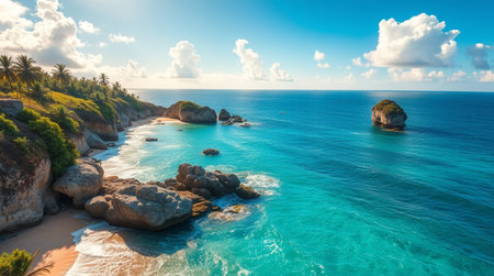 Panoramic aerial view of beautiful beach with turquoise sea and blue skyの写真素材