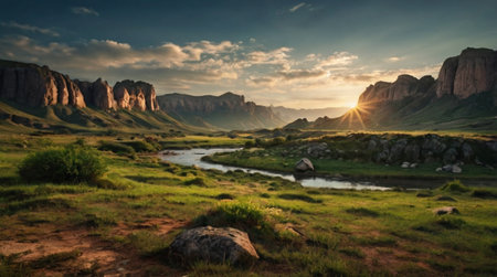 Sunset in the mountains. Beautiful summer landscape with river and rocksの写真素材