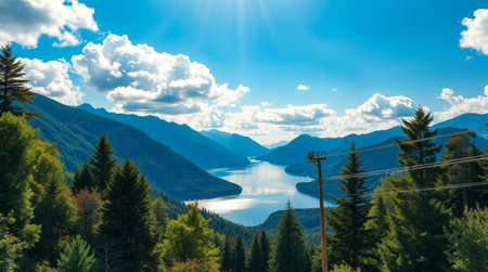 panoramic view of the mountains and the lake on a sunny dayの写真素材