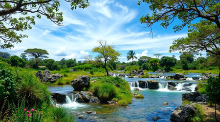 Waterfall in the national park of Sri Lanka. Beautiful landscape.の写真素材