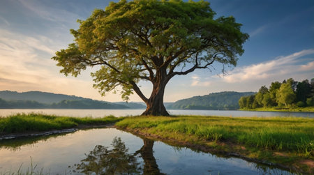 Lonely tree on the river bank. Beautiful natural landscape.の写真素材