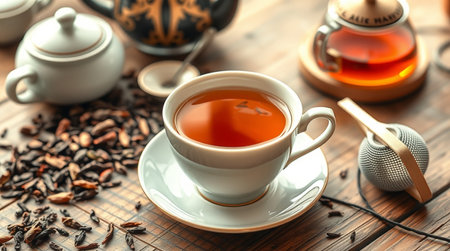 Cup of tea with teapot and cups on wooden tableの写真素材