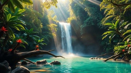 Beautiful waterfall in the tropical forest at sunset. Nature background.の写真素材