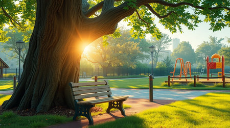 Bench under the tree in the park at sunrise. Summer landscape.の写真素材
