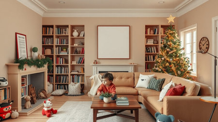3d rendering of a cute little girl in the living room with a Christmas treeの写真素材