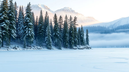 Beautiful winter landscape with frozen lake and snow covered fir trees.の写真素材