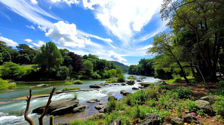 River in the park with blue sky and white clouds on a sunny dayの写真素材
