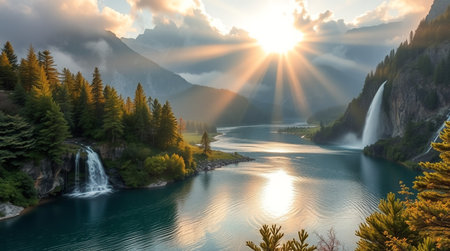 Beautiful alpine lake with a waterfall in the mountains at sunriseの写真素材