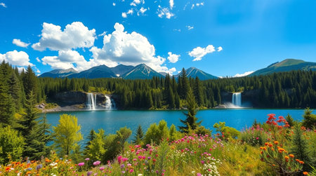 Beautiful view of turquoise lake with mountains in the backgroundの写真素材