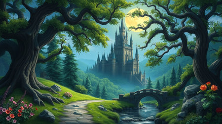 Fantasy landscape with castle, fairytale castle and magic forestの写真素材