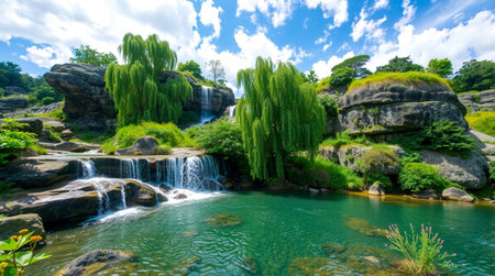 Beautiful waterfall in the park in the summer. Beautiful natural landscape.の写真素材