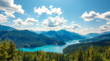 Panoramic view of turquoise lake in the mountains.の写真素材