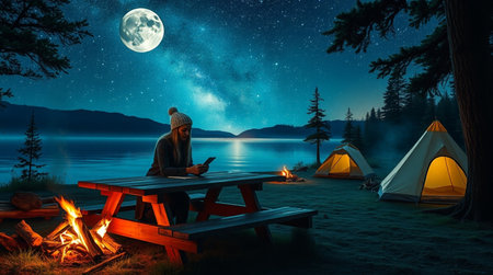 Man sitting at table and reading book near campfire at night.の写真素材