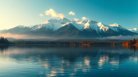 Mountains reflected in a lake at sunset.の写真素材