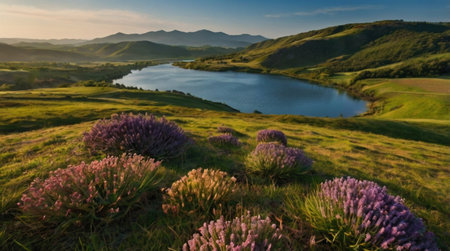 Lavender field and lake at sunset. Beautiful landscape in the mountains.の写真素材