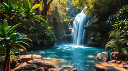 Beautiful waterfall in the tropical forest. Nature background. Panoramaの写真素材