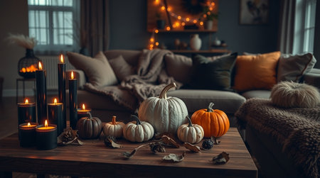Decorated living room with pumpkins, candles and autumn leavesの写真素材