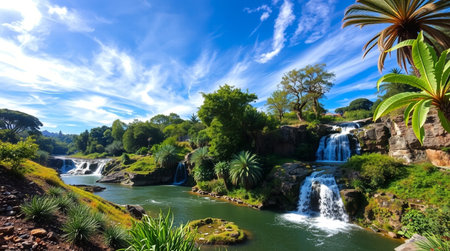 Panoramic view of beautiful waterfalls in botanical garden.の写真素材