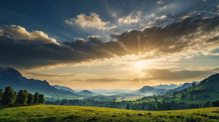 Majestic sunset in the mountains landscape. Dramatic sky. Carpathian, Ukraine, Europe. Beauty world.の写真素材