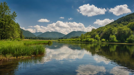 Panoramic view of the mountain river and forest on the shoreの写真素材