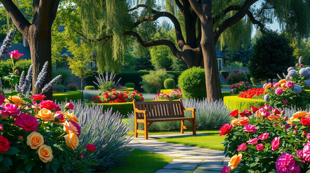 Bench in the garden with flowers and trees in the background. Spring landscape.の写真素材