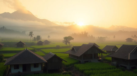 Rice terraces in Bali, Indonesia at sunrise with fogの写真素材