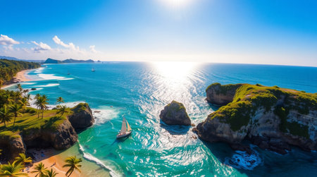 Aerial view of beautiful beach and sea with boat in paradise island for travel and vacationの写真素材