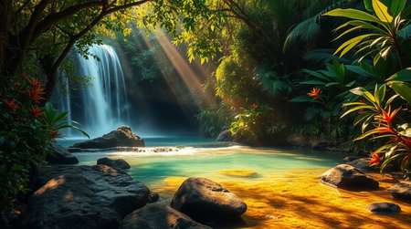 Tropical waterfall in the rainforest with sunbeams.の写真素材