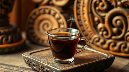 Cup of black coffee on a wooden background. Close up.の写真素材