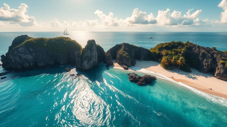 Aerial view of beautiful tropical beach with white sand, turquoise water and blue sky with white clouds. Seascape with droneの写真素材