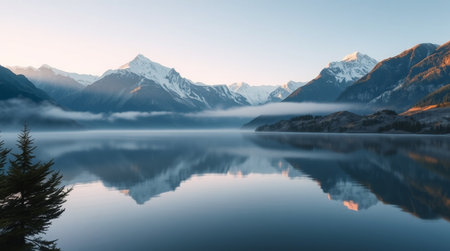 Panorama of New Zealand alps and lake with reflection at sunriseの写真素材