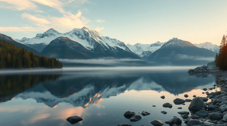 Mountains reflected in the calm lake at sunset, Alberta, Canadaの写真素材