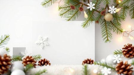 Christmas background with fir branches, snowflakes and decorations. 3d renderingの写真素材