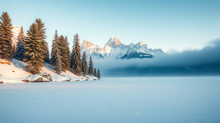 panoramic view of beautiful winter landscape with frozen lake and mountainsの写真素材
