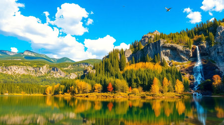Beautiful autumn alpine lake with a waterfall in the mountains.の写真素材
