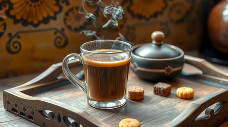 Cup of coffee and cookies on wooden tray, close-upの写真素材