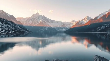 Mountains reflected in the lake at sunset.の写真素材
