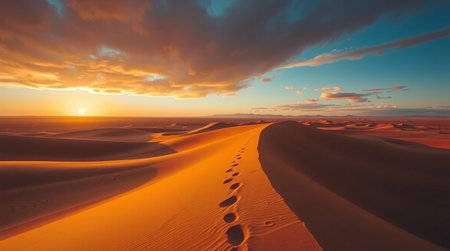 Sunset in the Sahara desert, Merzouga, Moroccoの写真素材