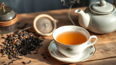 Cup of tea and teapot on wooden table, closeupの写真素材