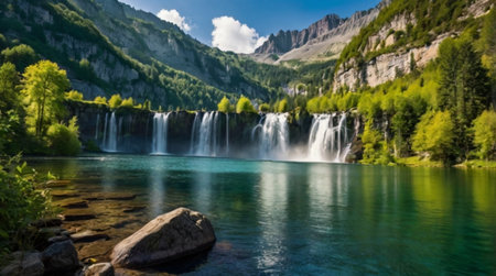 Waterfall in the mountains. Beautiful summer landscape. Waterfall in the mountains.の写真素材