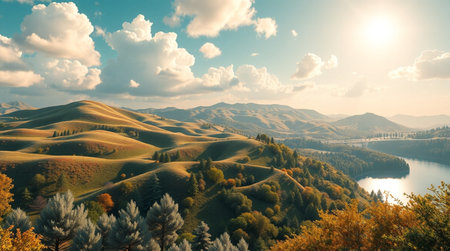 Autumn mountain landscape with lake and hills. Beautiful nature background.の写真素材