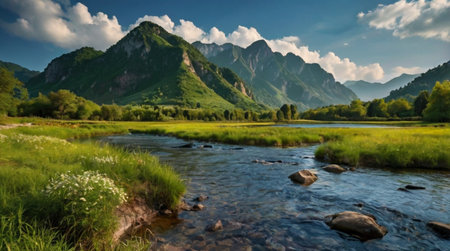 Beautiful mountain landscape with a river in the foreground and mountains in the backgroundの写真素材
