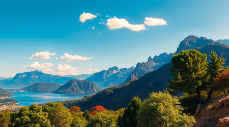Panoramic view of mountains and a lake.の写真素材