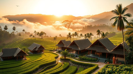 Rice terraces in the morning at Bali island, Indonesiaの写真素材