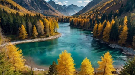 Panoramic view of autumn alpine lake with yellow larch trees and mountain streamの写真素材