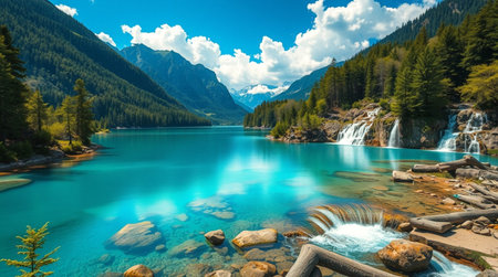 Beautiful turquoise emerald water of the mountain lake in the mountainsの写真素材