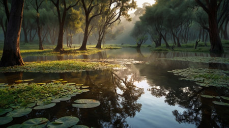 Landscape of misty morning in the park,Thailand.の写真素材
