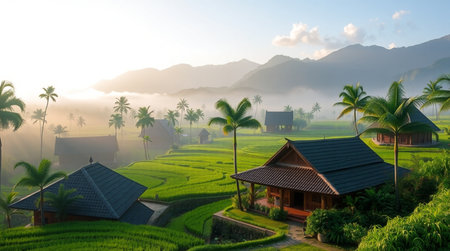 Terraced rice fields in Bali, Indonesia at sunrise.の写真素材