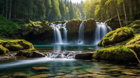 Waterfall in the forest. Summer landscape with a waterfall in the forest.の写真素材
